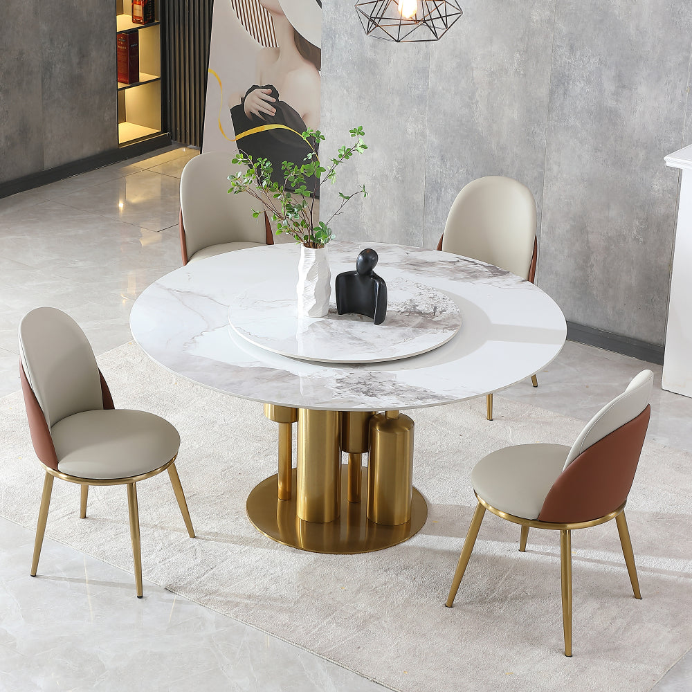 53" Round Modern Marble Dining Table with Lazy Susan, Sintered Stone Top for Kitchen, Dining Room, Dinette, Space Saving Design(4 chairs)