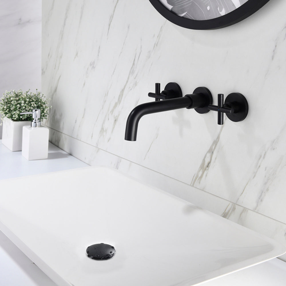 Wall Mounted Dual Handle Bathroom Sink Faucet with Pop-Up Drain (No Overflow)