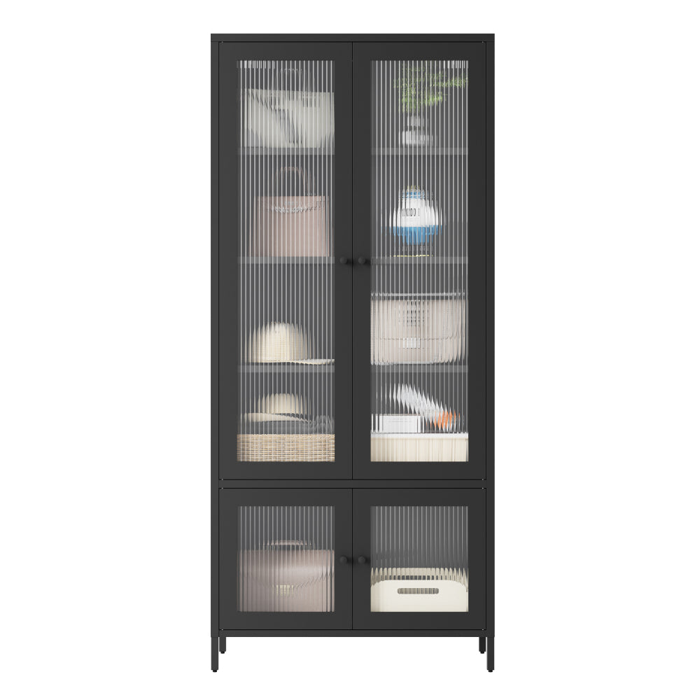 Large Metal Storage Cabinet Display Cabinet with 4 Glass Doors 5 Shelves Side Cabinet Bookcase Freestanding Cabinet for Bedroom Living Room Pantry Home Office - Black, Fluted Tempered Glass