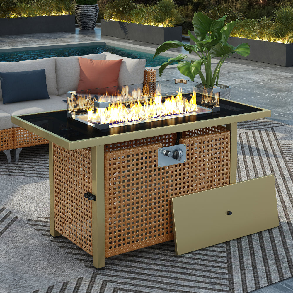 K&K 43" Propane Gas Fire Pit Table, 60000 BTU Rectangular Open Weave Wicker Fire Pit with Glass Wind Guard for Outside Patio Deck Garden Backyard - Grey