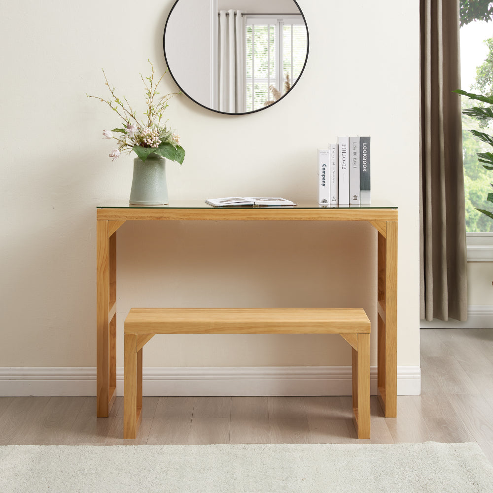 Natural Pine Dining Long Bench and Table Set – Versatile Indoor Wood Furniture for Entryway, Living Room, Kitchen, and Bedroom – Includes Small Tempered Glass Top