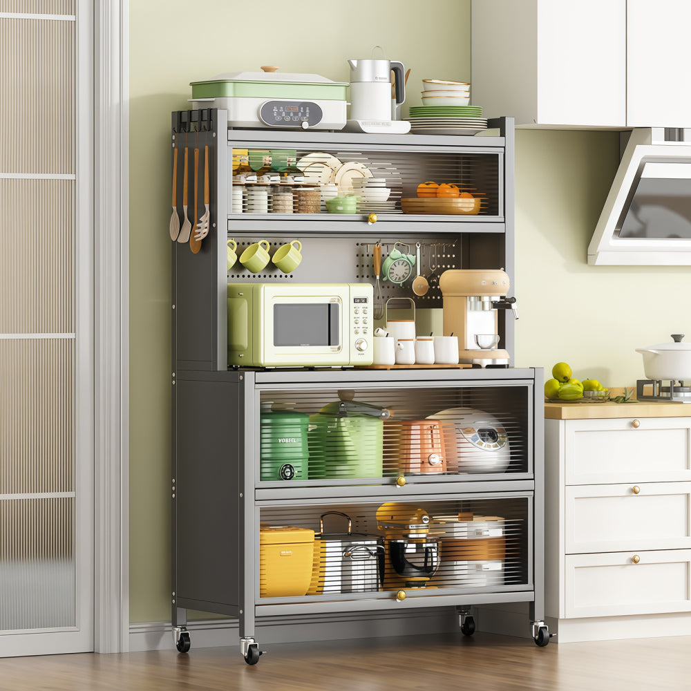 64" Kitchen Pantry Storage Cabinet, 5 Tier Metal Storage Cabinet with Wheels, Transparent Flap Door &  DIY Hole Board , Kitchen Storage Bakers Rack, for Kitchen, Living Room and Dining Room, Gray