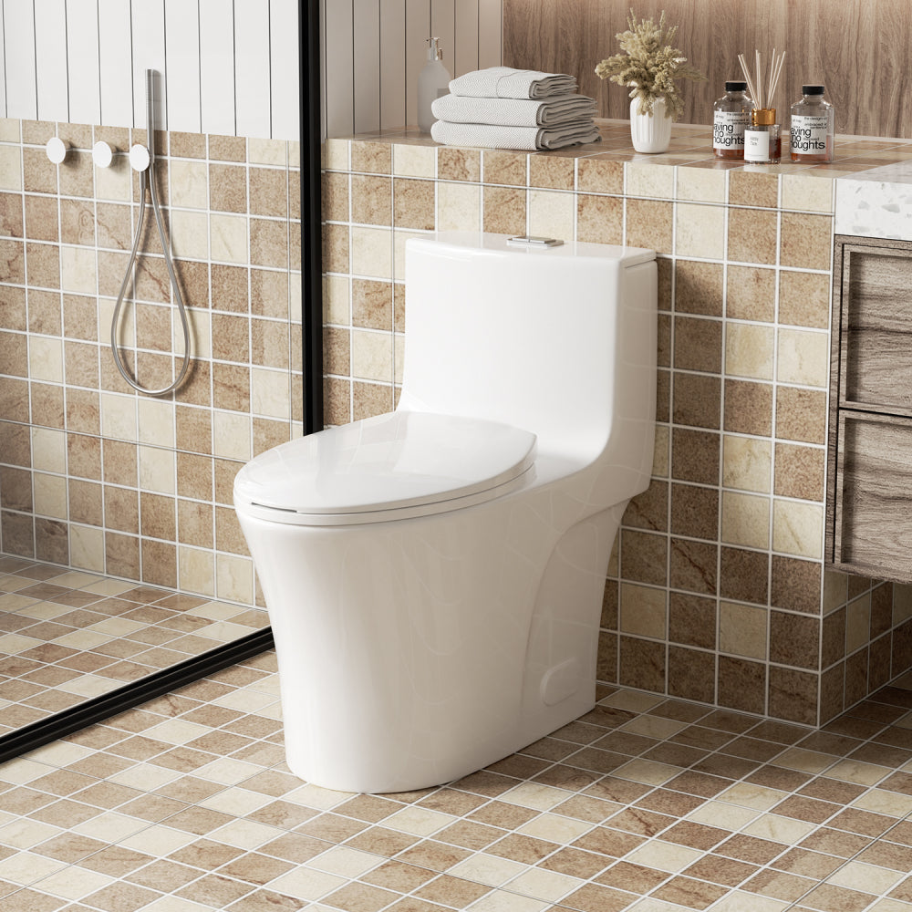 1.1/1.6 GPF Tornado Flush One-Piece Toilet Elongated, Siphonic S-trap 12",Soft Closing Seat, Button on Tank top ,Powerful Dual Flush MAP 1000g, Comfort Chair Seat ADA Height 17", Glossy White GW-002