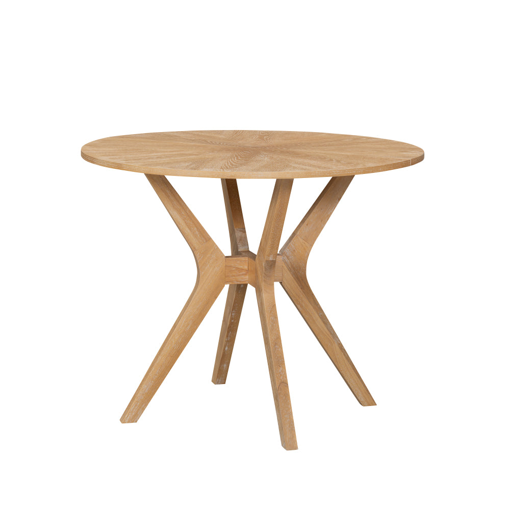 Mid-Century Modern 39.4" Round Dining Table with Intersecting Wooden Legs, Rubberwood & Plywood Construction, Oak Veneer Finish