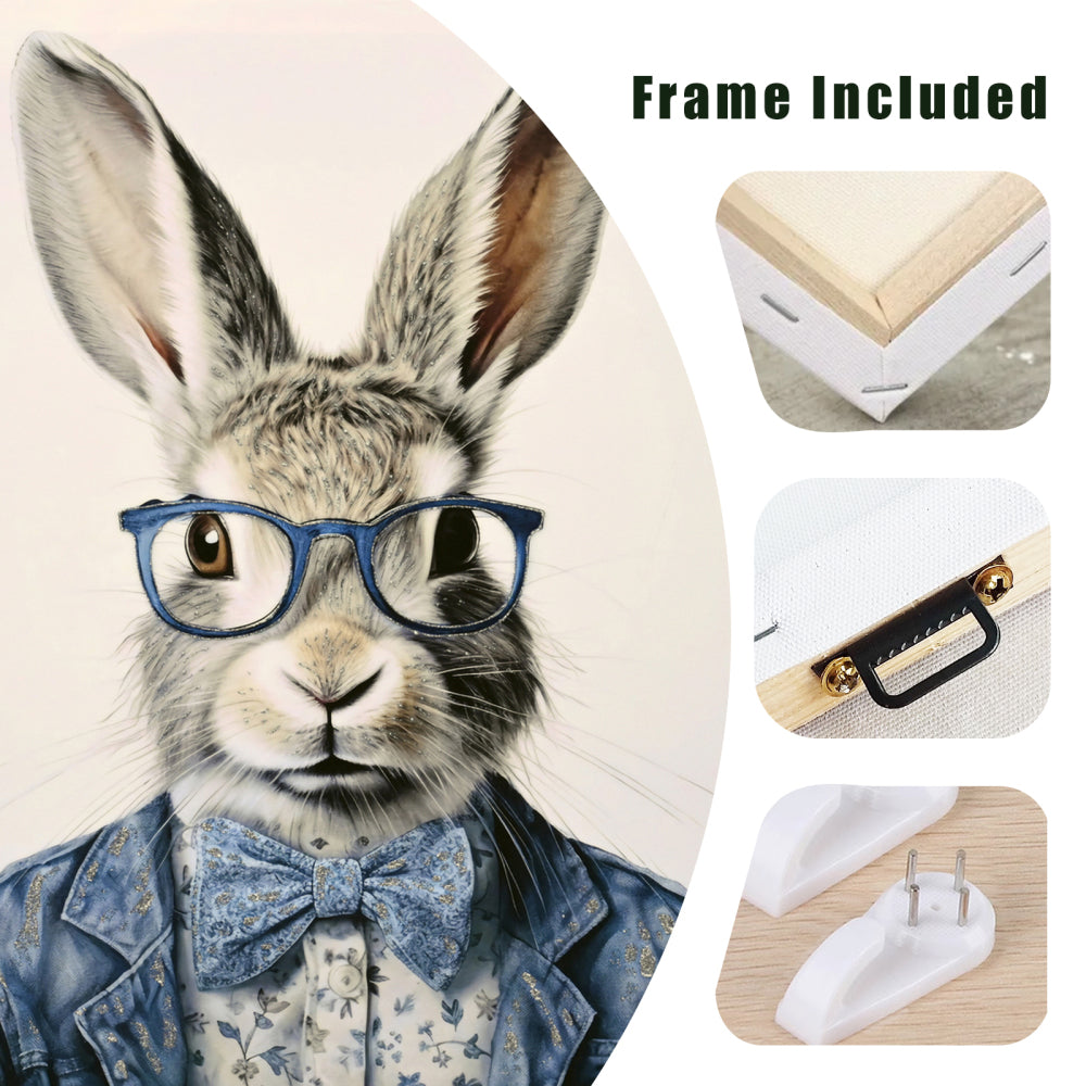 Gallery Wrapped Canvas Wall Art - Dapper Bunny in Tailored Cobalt Blue Suit, Modern Animal Portrait Framed Print for Lounge/Office Decor decorative picture painting