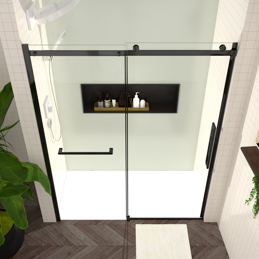 S-RM6076TB 56-60"W x 76"H Sliding Shower Door, Frameless Glass Shower Door with Matte Black Hardware, Towel Bar and Handle,Drop Shipping available