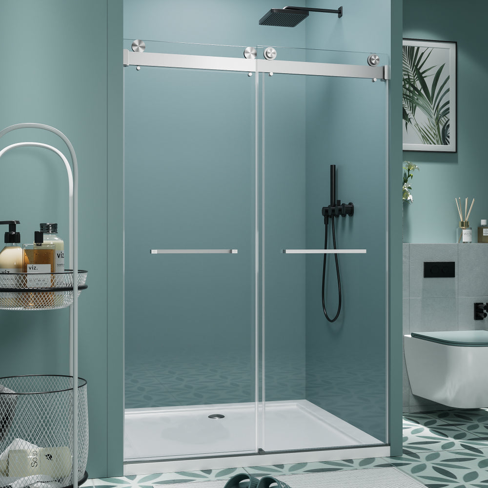 60" W x 76" H Frameless Double Sliding Shower Door, Soft-Close Brushed Nickel Shower Screen, 5/16" (8mm) Clear Nano-Coated Tempered Glass, Dual Stainless Steel Door Handles