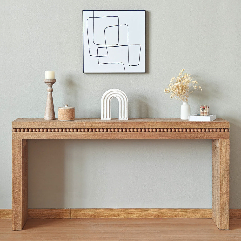 Rustic Wooden Console Table with Drawer – Minimalist Design, Ribbed Texture, and Natural Finish