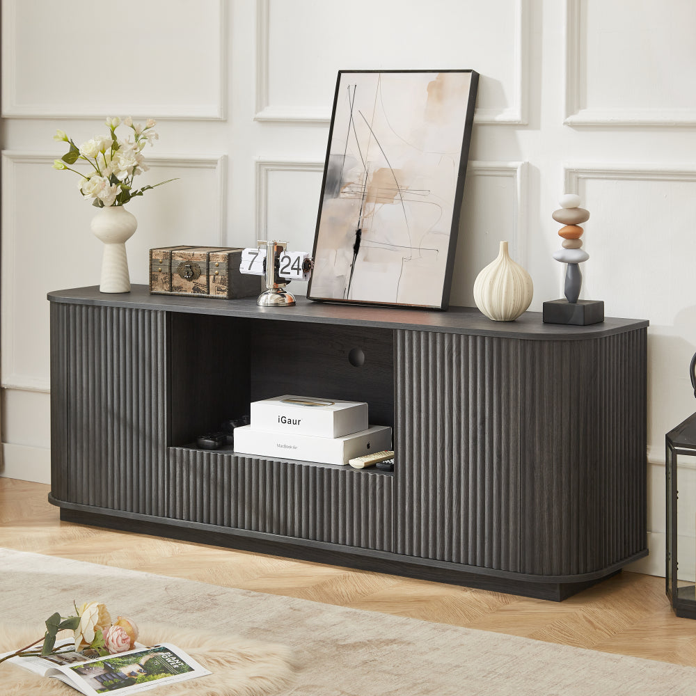 64-Inch Wavy TV Stand, Rounded Sideboard, Storage Cabinet, Wooden Vertical Stripe Cabinet for Living Room/Bedroom/Entryway. Black,64''W x 15''D x 24''H.
