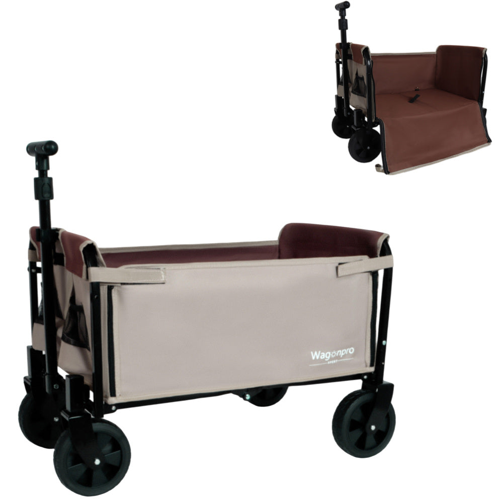 All-in-One Convertible Folding Camping Wagon Cart: Bench Seat, Storage Compartment & Included Dog Tether, Beige/Brown