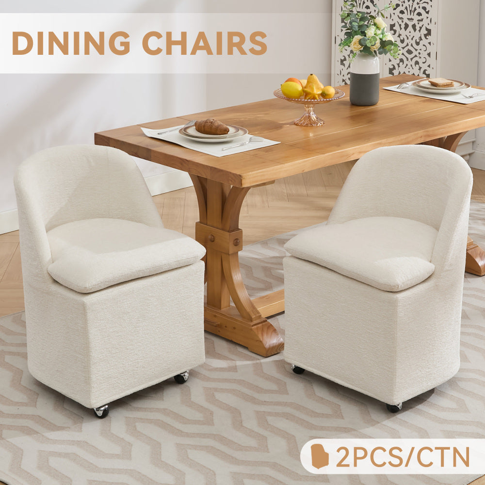 058-Set of 2 Chenille Fabric Dining Chairs With Universal Wheels,Beige