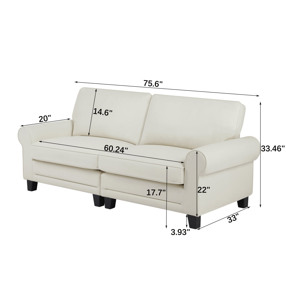 Pet-Friendly Loveseat 2-Seater Couch - 75.6" Fabric Upholstered with Rolled Arm & Removable Back Cushion, Small Space Friendly for Living Room, Bedroom & Apartment, Beige White
