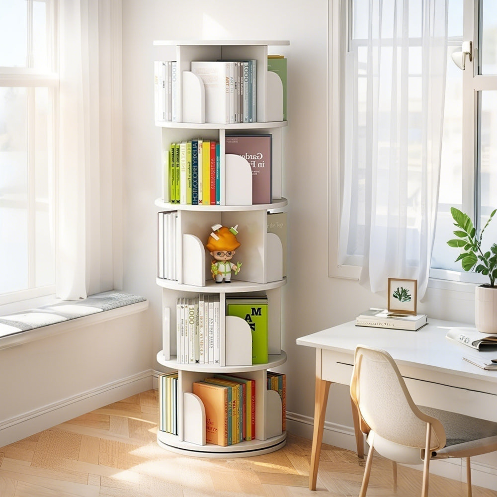 6 Tier Rotating Bookshelf, 360° Display Round Spinning Bookshelf with Wheels and Drawer, Space-Saving, Small Space Rotating Bookshelf Tower for Bedroom, Living Room, Home, Office, Wood Color