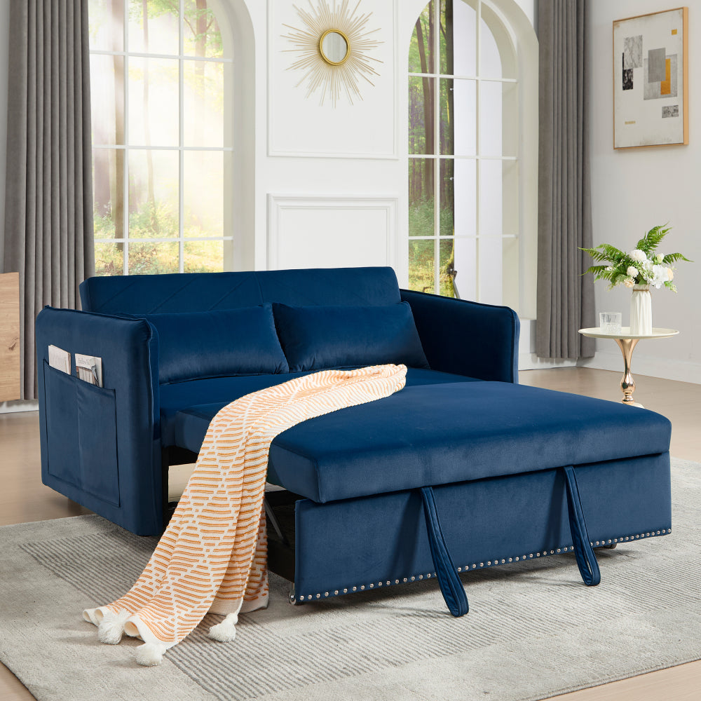 3 in 1 Convertible Sleeper Futon Sofa Bed, 55" Velvet Small Loveseat Lounge Couches with 2 Pillows, Reclining Backrest, Side Pockets for Living Room, Pull-Out Couch