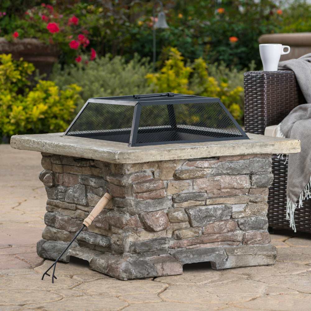 28" MGO Wood Burning Outdoor Fire Pit with Lid - Natural Stone