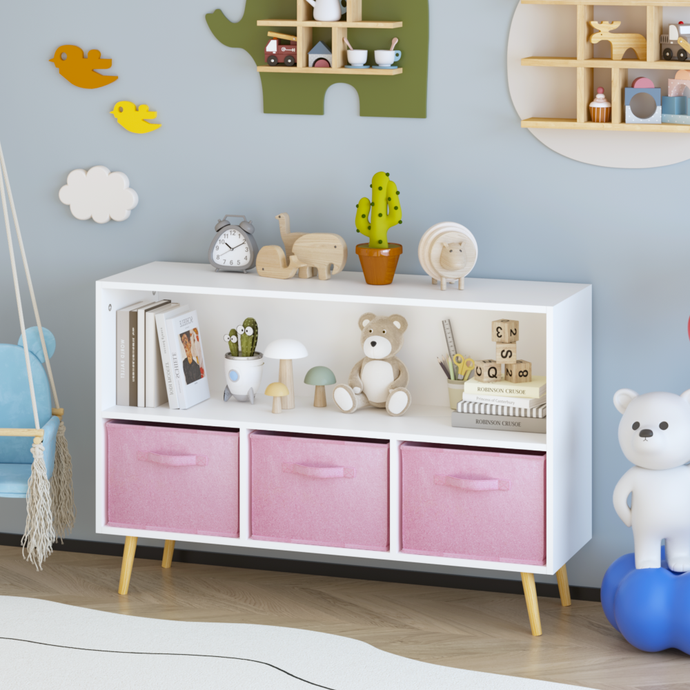 Kids bookcase with Collapsible Fabric Drawers, Children's Book Display, Toy Storage Cabinet Organizer, White/Pink