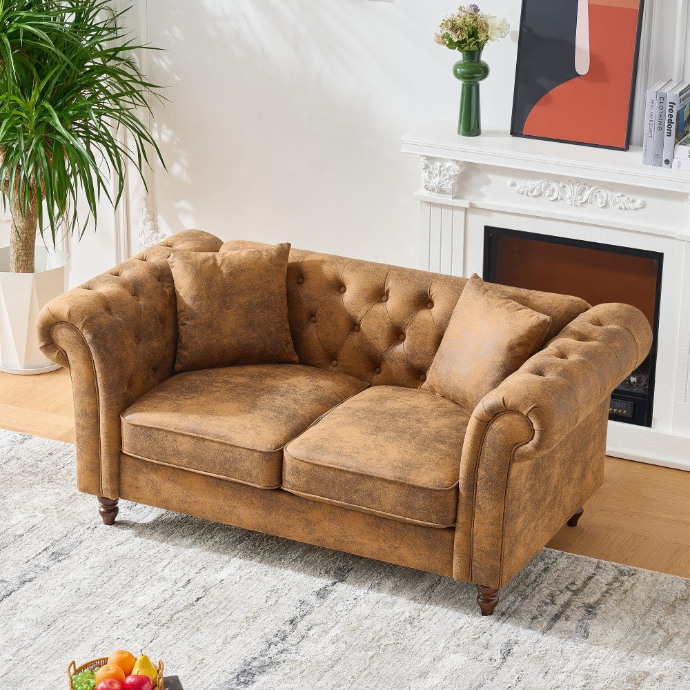 66"Chesterfield ‌Faux Leather Sofa,High-tech Fabric Roll Armrest Sofa,Upholstered Mid Century Modern Couch,2 Seater Couch for Living Room, Office, Apartment, Brown