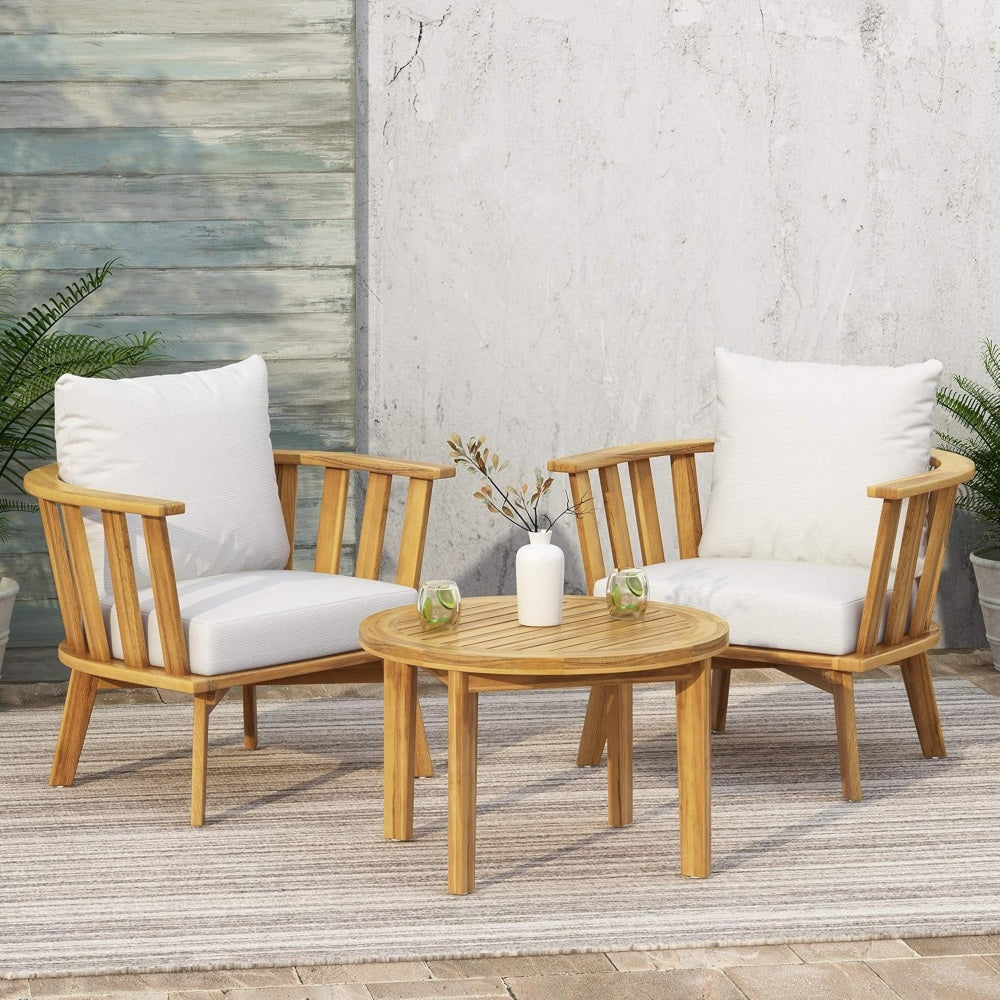 Set of 2, Outdoor Acacia Wood Patio Club Chair, Wooden Patio Furniture,Waterproof Thick Cushion Deep Seating for Porch, Garden, Backyard, Balcony, Weight Capacity 400lbs, Teak Finish, White