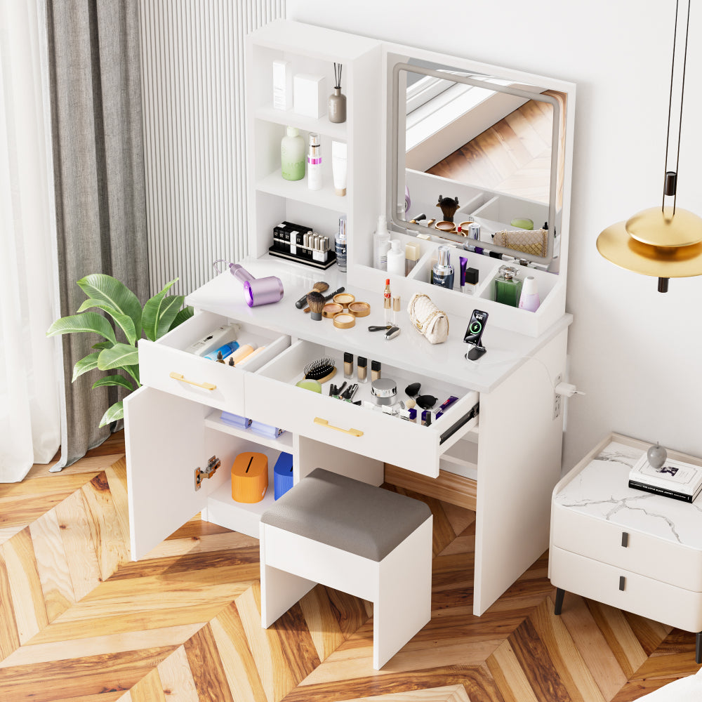 32'' Wide Makeup Vanity Desk with Lighted Mirror and Power Outlet, Dressing Table with Large Storage Space and Cushioned Stool for Bedroom & Studio