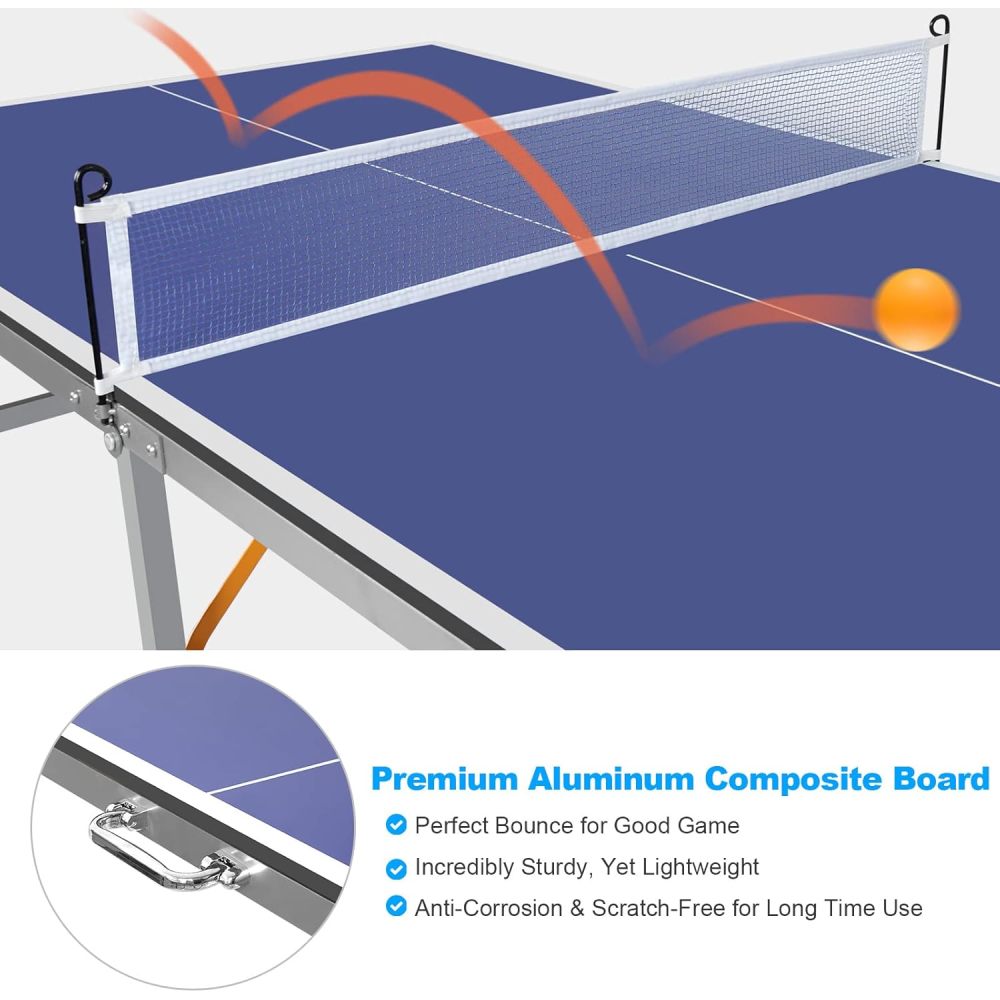 DOUBLE FISH 6ft Mid-Size Blue Foldable Portable Ping Pong Table Indoor Outdoor Game Set with Net 2 Paddles 3 Balls
