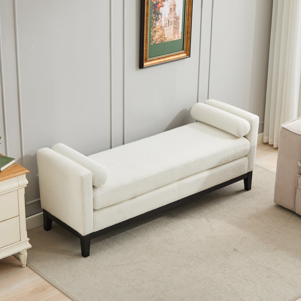 66.34"W Elegant Upholstered Bench,Daybed, Ottoman with Wood Legs & 2 Bolster Pillows for End of Bed, Bedroom, Living Room, Entryway,Ivory Boucle