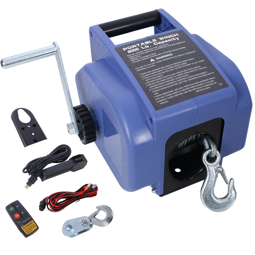 12v 2000lbs Trailer Winch,Reversible Electric Winch,for Boats up to 5000 lbs,Galvanized Wire Rope,with extra pulley hook, Rapid Mount, wirelss remote control,power in and power out.blue plastic casing