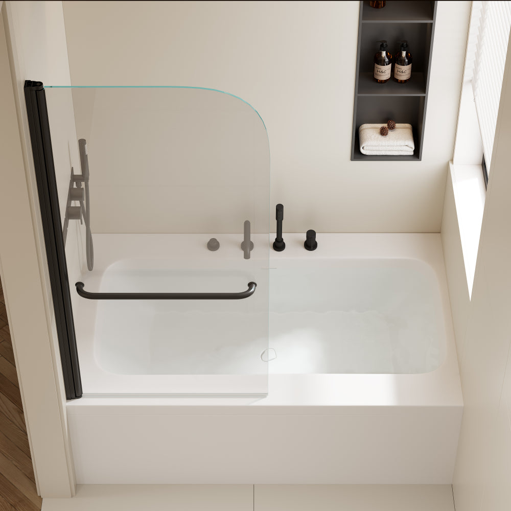 30 in. W * 58 in. H Rise and down rotation shaft door Shower Doors for Bathtub, 1/4" (6mm) Thick SGCC Tempered Glass Door, Bathroom Tub Glass single Door, Aluminium Alloy Matte Black Finish