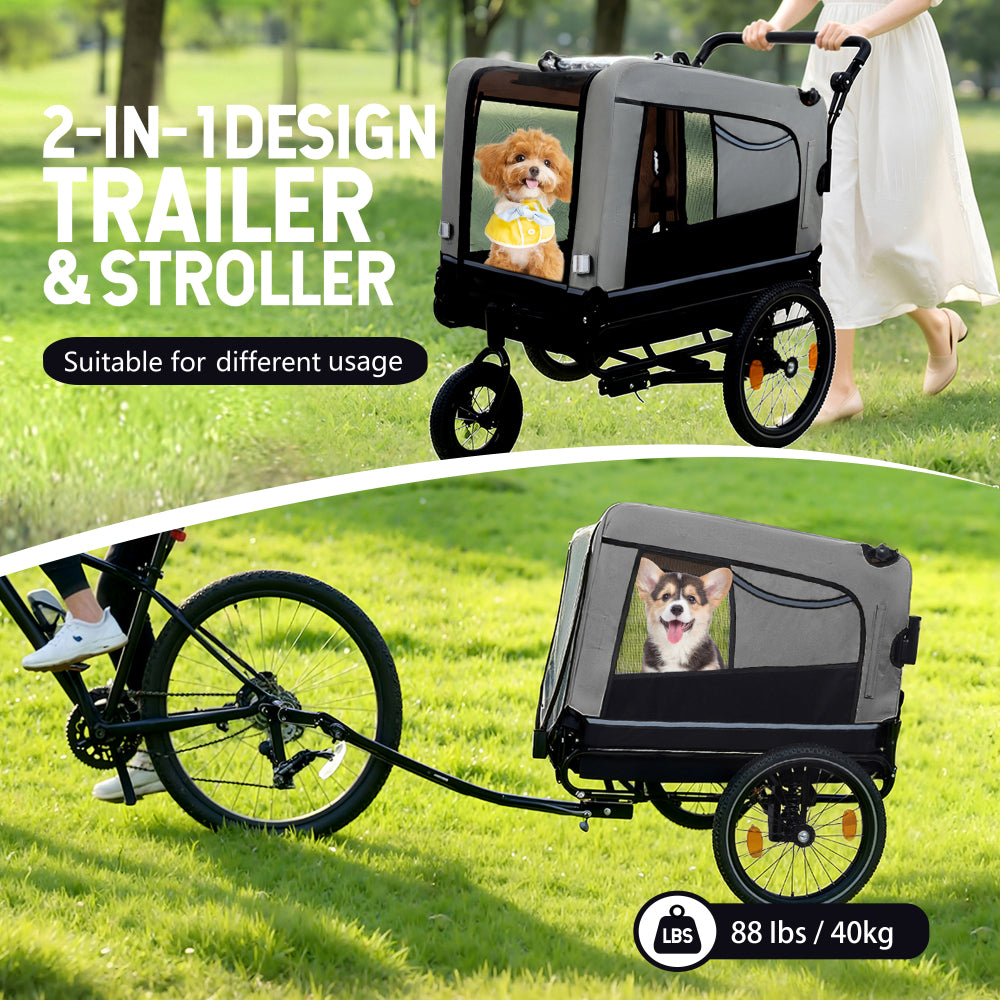 2-in-1 Bike Trailer & Push Cart for Pets - Detachable Bike Hitch & Push Handle Included - All-Terrain Wheels, Quick Release Wheel, Non-Slip Floor, Internal Leash, Holds Pets Up to 88 lbs, Black- Grey