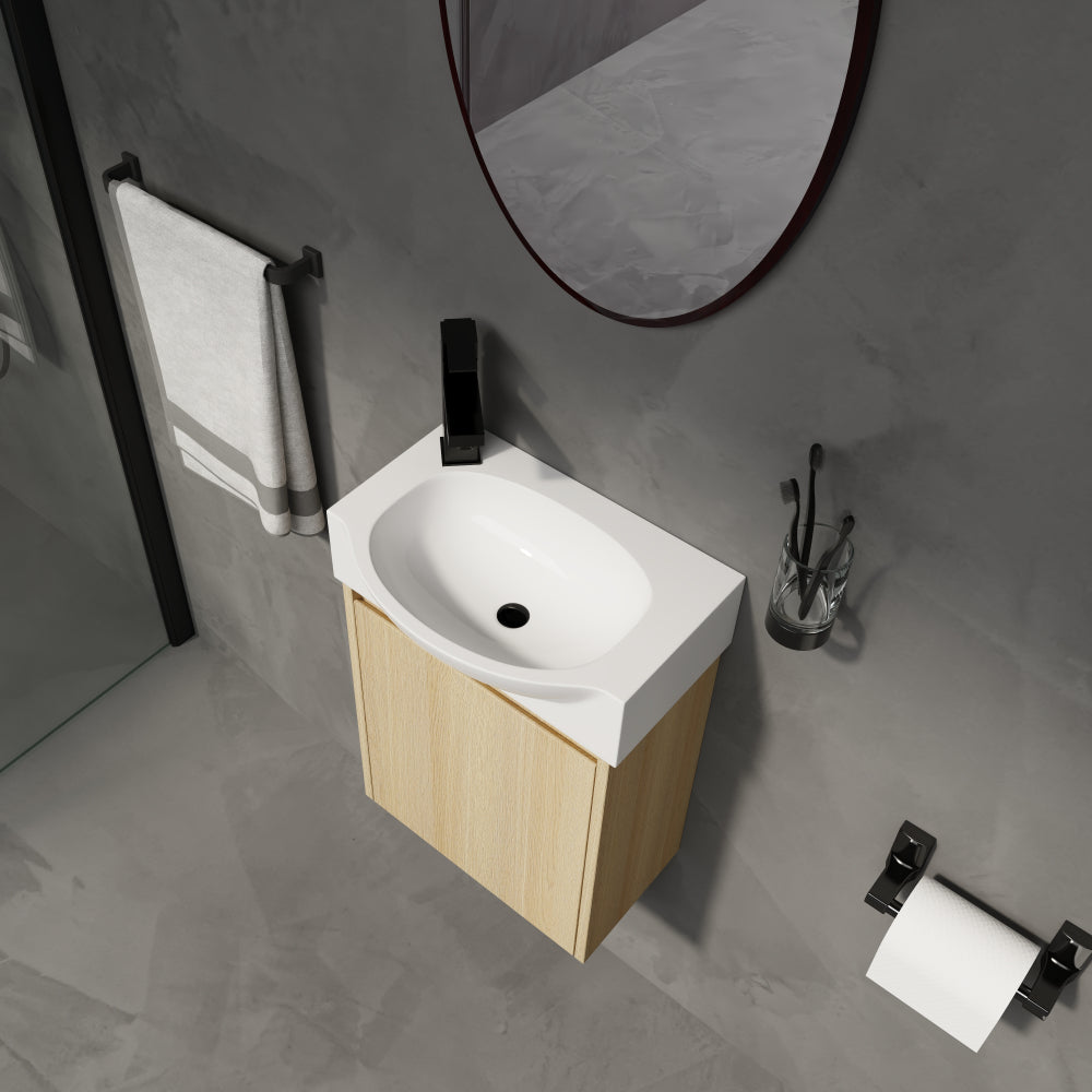 16 "Bathroom Vanity Sink Combo for Small Space, Modern Small Bathroom Vanity with Ceramic Sink, Small Bathroom Sink Cabinet Set ,Oak