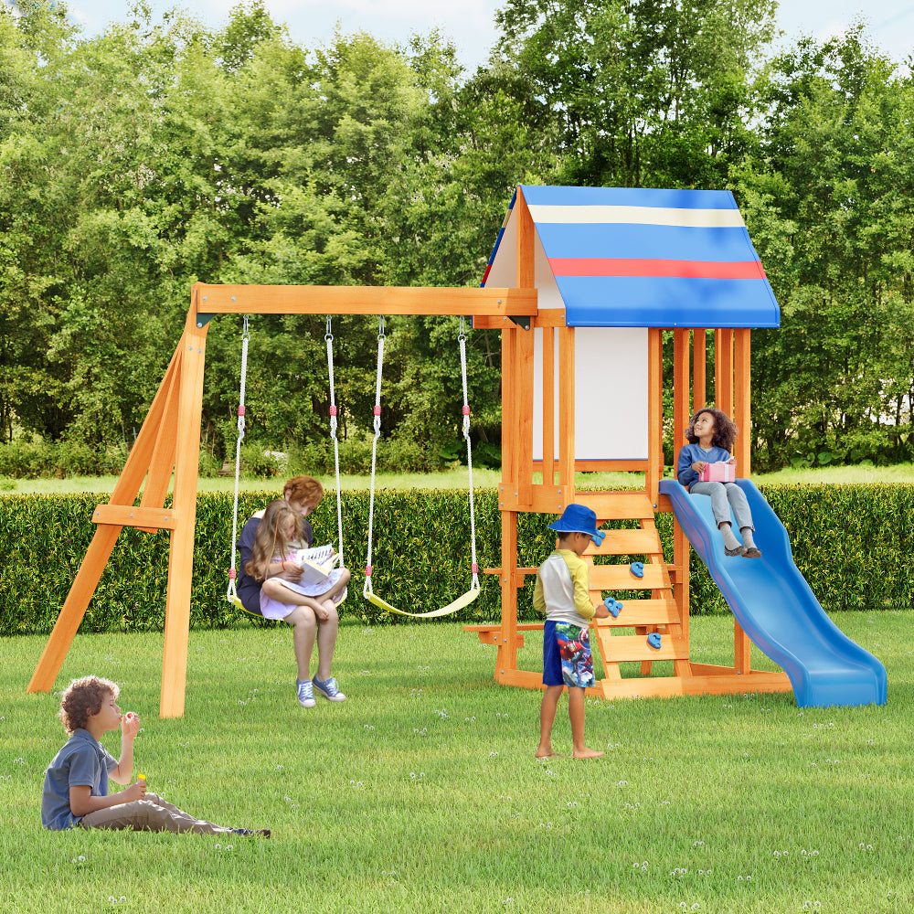 Wooden Outdoor Swing Set 3 in 1 Swing Set outdoor Children's Playset with Slide , 2 Swings and Climber for Garden, Backyard and Playground, Blue