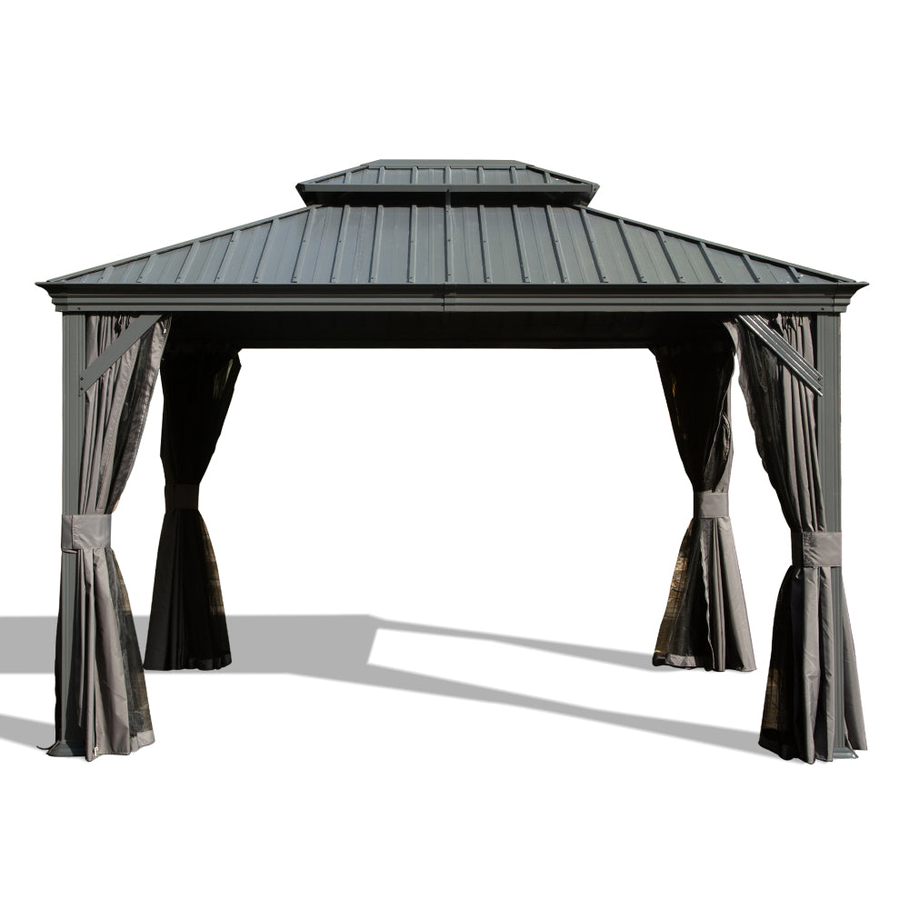 10' X 12' Hardtop Gazebo, Upgraded Metal Gazebo with Drainage System, Dual-Layer Galvanized Steel Roof, Curtain and Netting, Outdoor Shelter Canopy for Patio, Garden, and Backyard, Grey