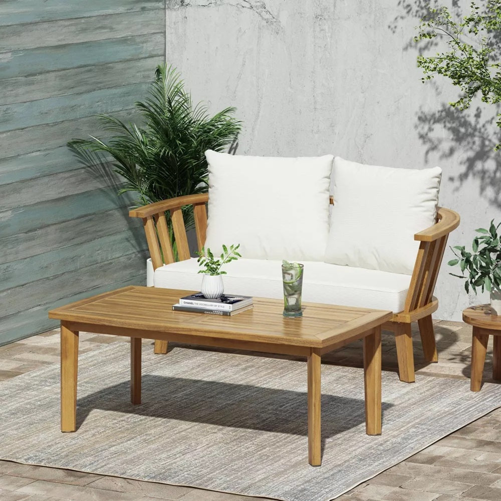Set of 2, Outdoor Acacia Wood Patio Club Chair, Wooden Patio Furniture,Waterproof Thick Cushion Deep Seating for Porch, Garden, Backyard, Balcony, Weight Capacity 400lbs, Teak Finish, White