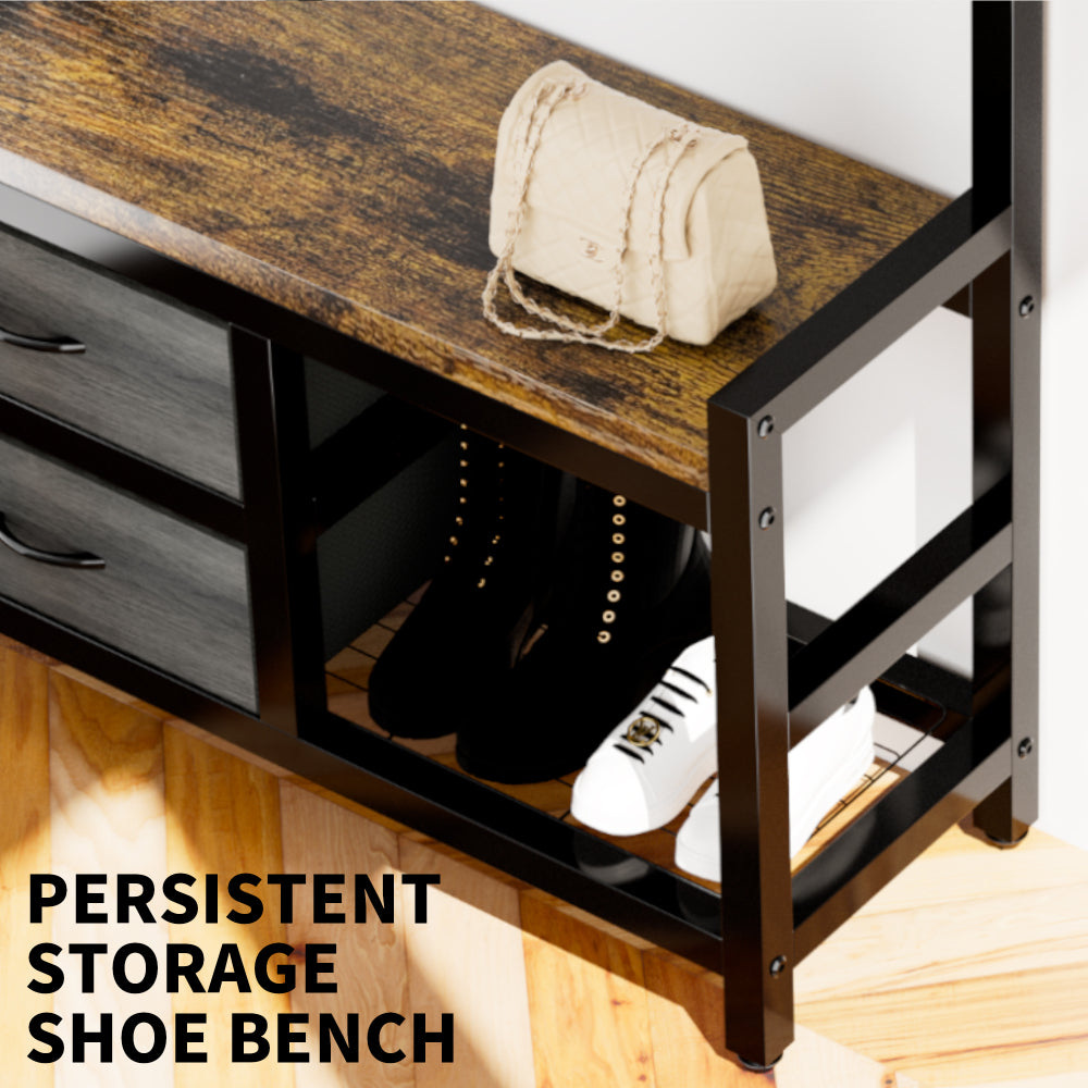33.1" Wide Hall Tree with 2 Movable Drawers, Shoe Storage, Shelves and Garment Racks, 5-in-1 Entryway Bench with 23 Hooks (Fixed and Movable)