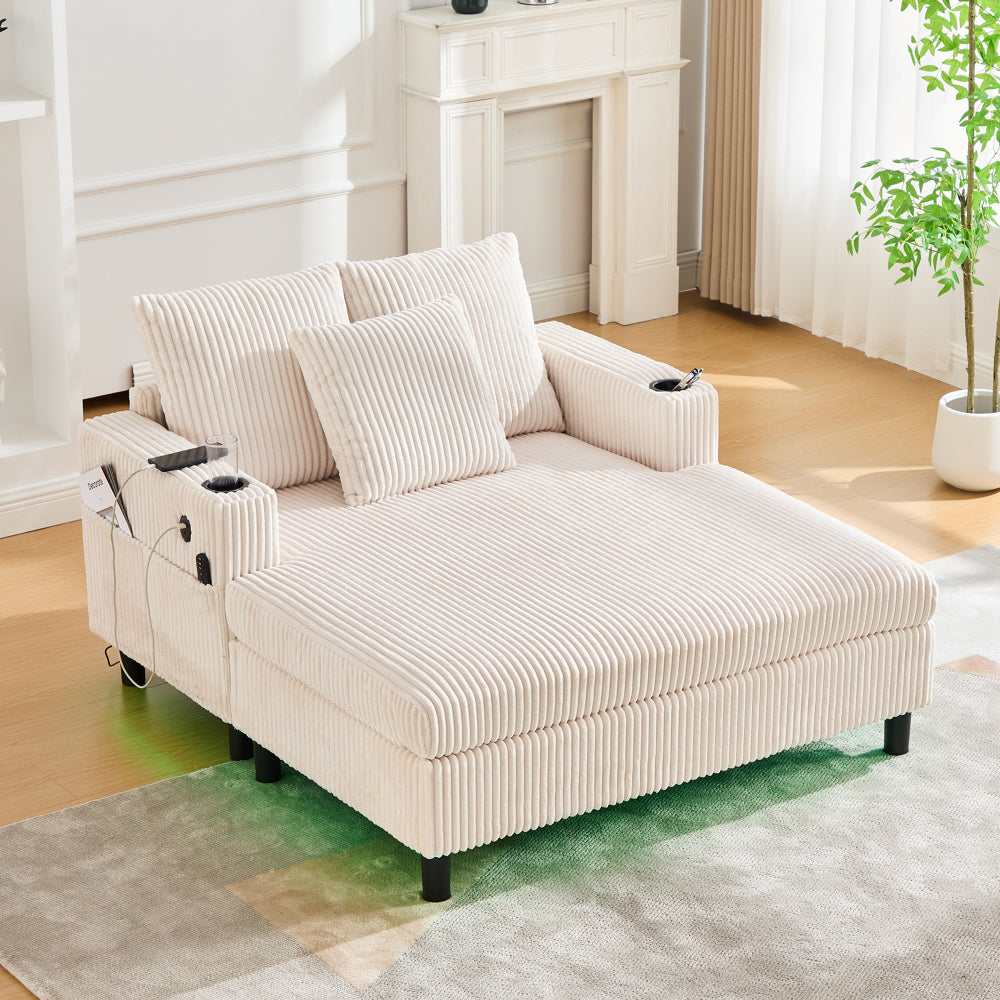 UNITED WE WIN Modern Corduroy Oversized Recliner Sofa with Deep Seat, 3 Pillows, USB Charging, RGB LED Light Strip, Cup Holder, Side Pocket - Suitable for Living Room and Bedroom