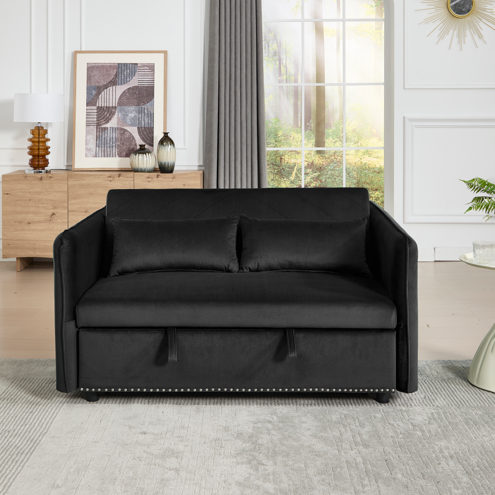 3 in 1 Convertible Sleeper Futon Sofa Bed, 55" Velvet Small Loveseat Lounge Couches with 2 Pillows, Reclining Backrest,Side Pockets for Living Room, Pull-Out Couch