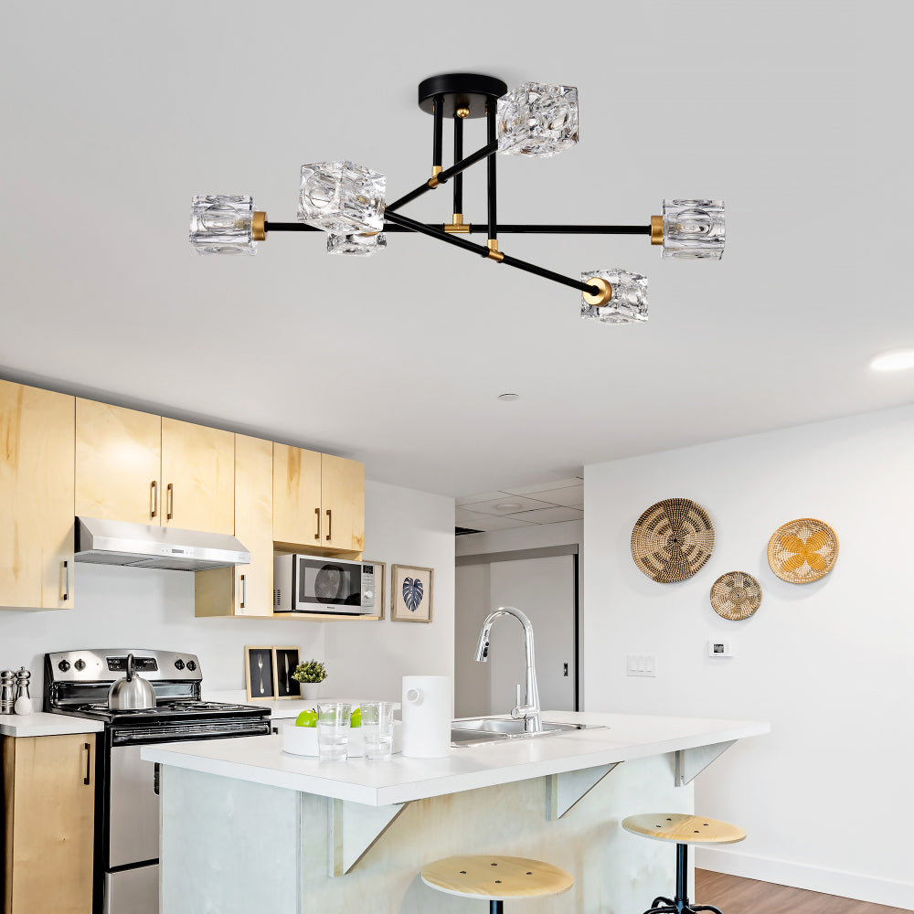 Modern Ceiling Lamp with  Light Fixture (6*G9 Bulbs Included),Modern Semi Flush Mount Light Fixture Crystal Chandelier for Dining Room, Bedroom, Living Room--Matte Black 
+Matte Gold