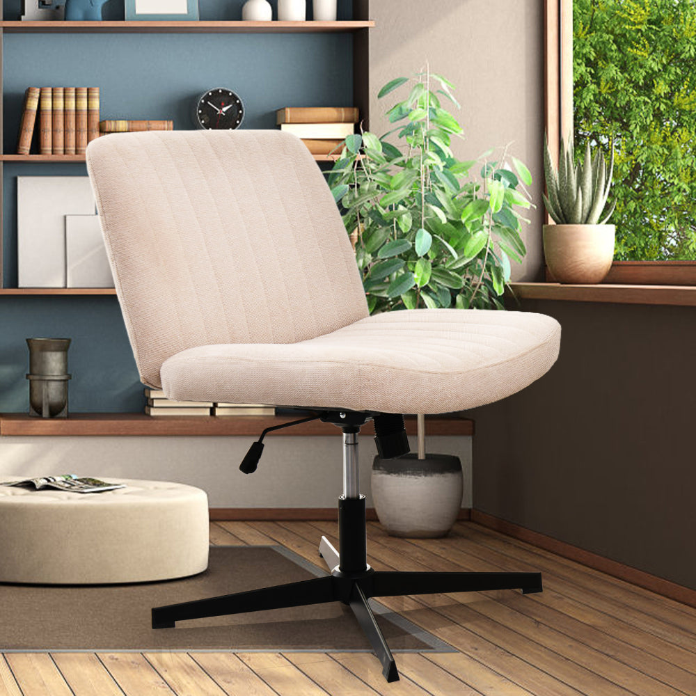 Cross Legged Office Chair, Wide Comfty Desk Chair, Fabric Vanity Home Chair No Wheels Armless Computer Task Chair, Swivel and Height Adjustable