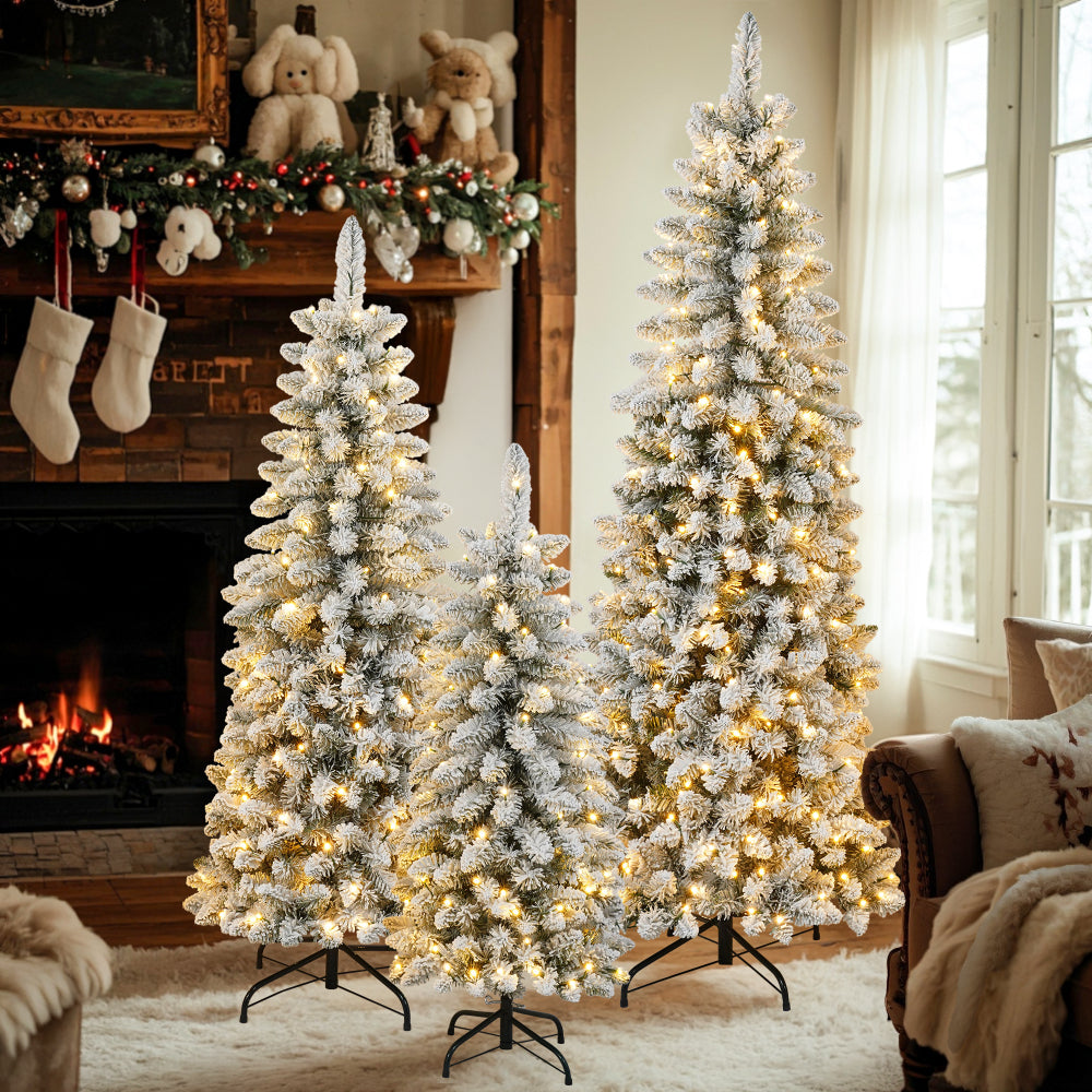 3 Pcs Flocked Artificial Christmas Tree Set with Lights, 4ft 5ft 6ft Christmas Snow Tree Set, Christmas Decor