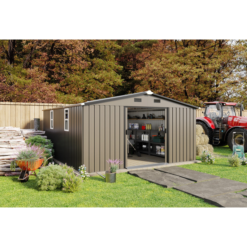Campcraft  Outdoor Storage Shed 10×14 FT with 3 Lockable Doors,Utility Tool Shed Metal Storage Garden Sheds  Frame and 4 Vents,for Backyard,Patio,Lawn,Light Grey