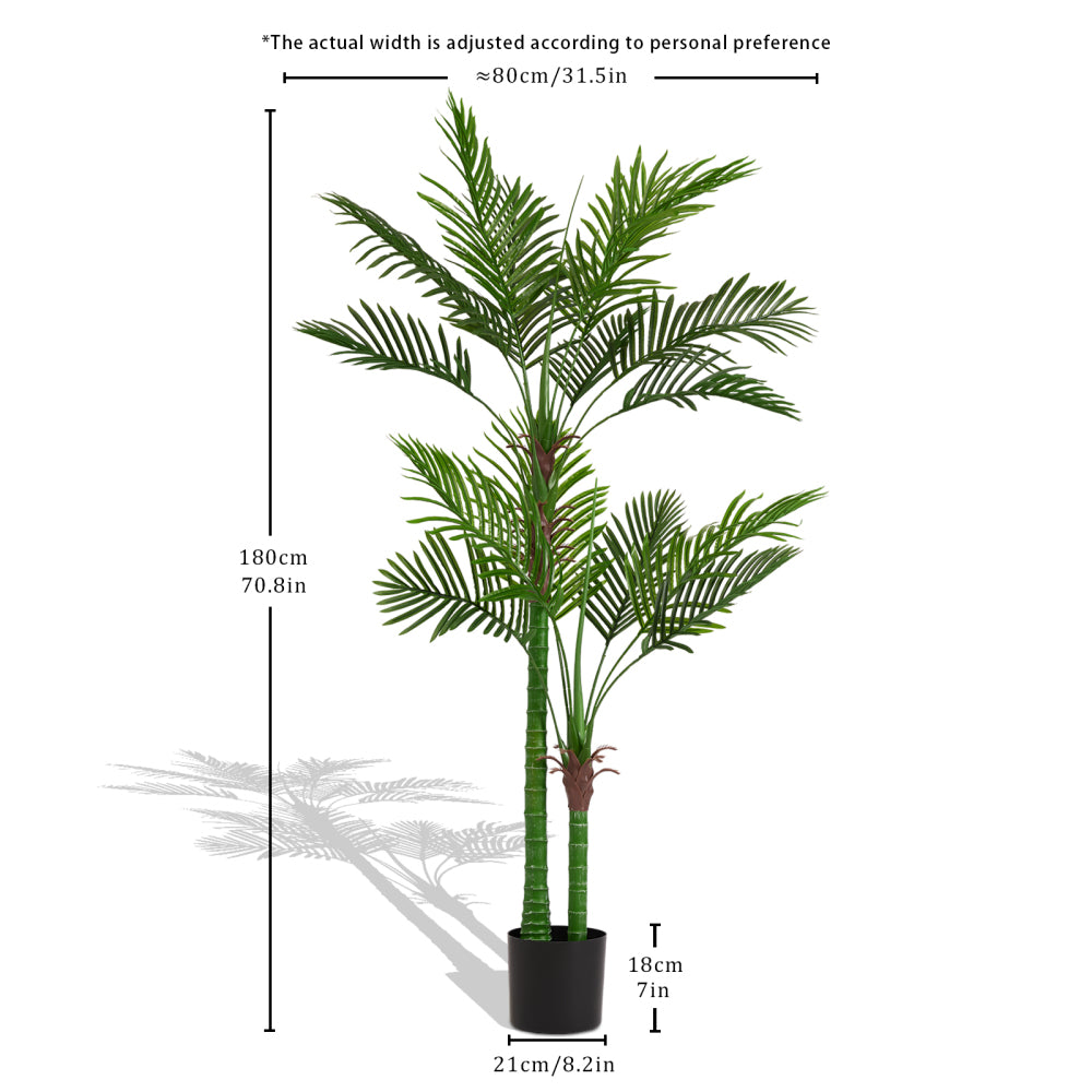 Artificial Golden Cane Palm Tree, 180cm Tall Faux Areca Palm Plant in Pot for Indoor or Outdoor Home and Office Decor, Adjustable Trunk, 1pc/set