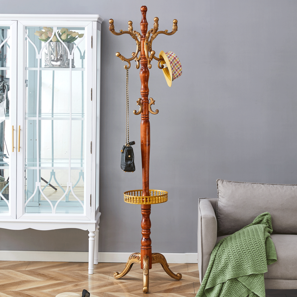 Crabapple Colored Solid Wood Hanger, Modern And Simple Coat And Hat Rack, Resin Stainless Steel Multifunctional Storage Rack With Key Tray (Optional In Walnut Color)