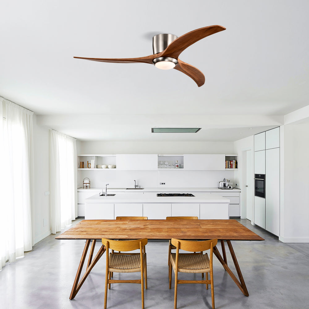 52" Flush Mount Ceiling Fan Solid Wood Blades Ceiling Fan With Light with Remote Control, Noiseless Reversible Motor, 6 Speed, for Patio Living Room, Bedroom,Indoor--(Stain Nickel)