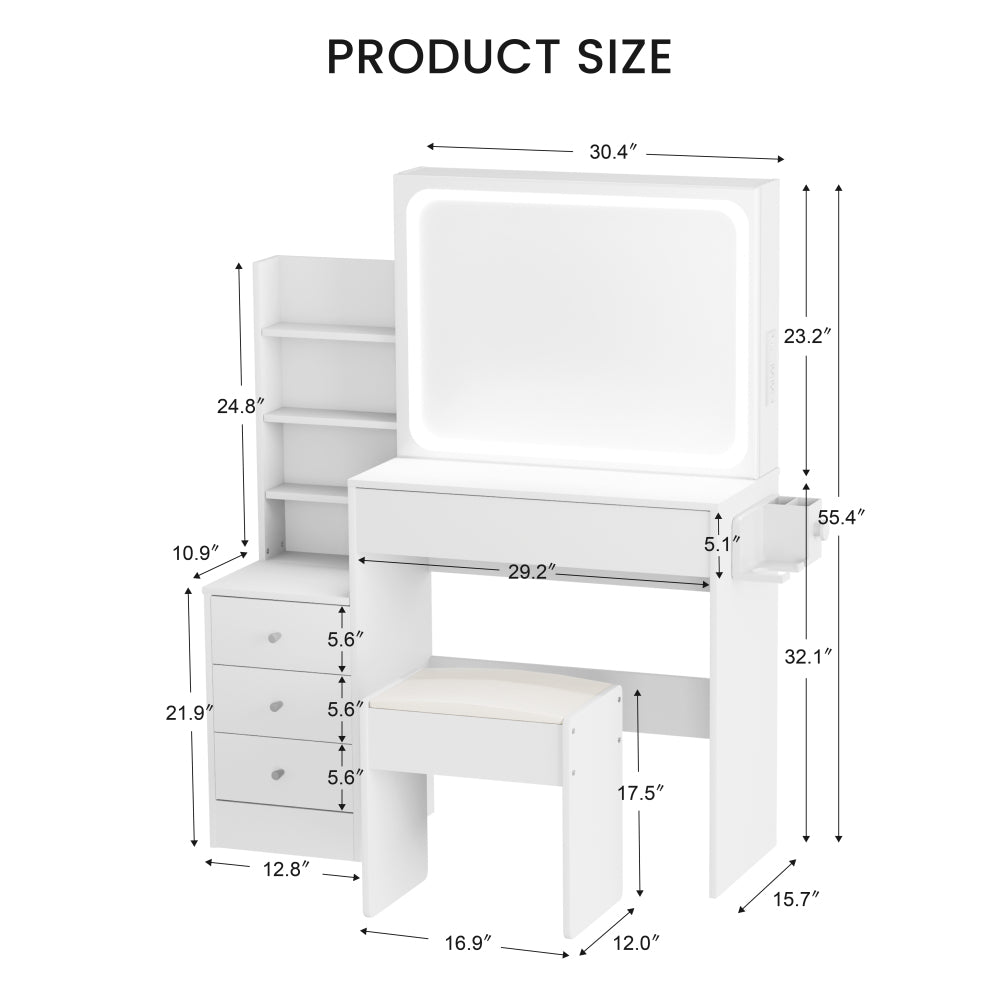 Vanity table with LED-lit mirror with power outlet and hairdryer shelving, with 4 drawers and upholstered stool, brightness adjustable in 3 lighting modes, storage table, White,43.3"L *15.7"W *55.4"H