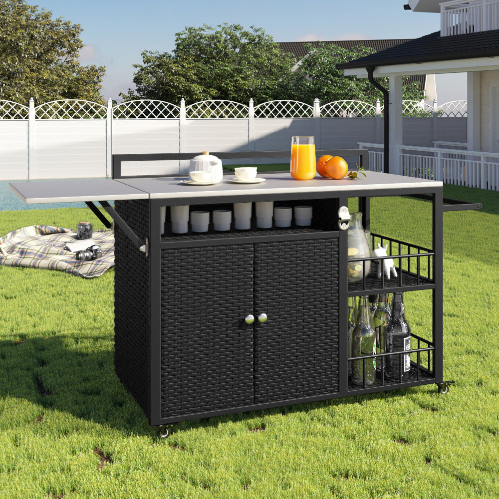 63.5" Outdoor Kitchen Island, Kitchen Storage Island, Cooking Station, Outdoor Grill Cart with Foldable Side Tabletop, Ample Storage Space, Bottle Opener for Outside BBQ, Patio, Backyard, Dark Brown