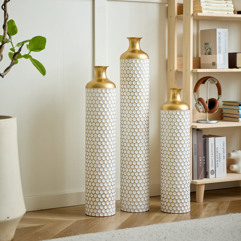 Floor metal vase modern style decoration home droplet shaped white metal vase 3-piece set gorgeous home decoration large glazed metal vase