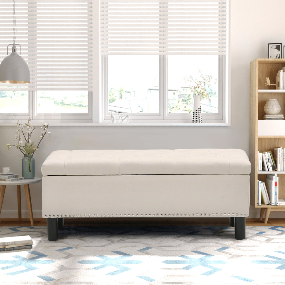 Storage Ottoman Bench with Wood Legs, Upholstered Bedroom Bench with Button-Tufted, Storage Bench with High-density Resilient Sponge Rivet Design for Bedroom, Linen, Beige