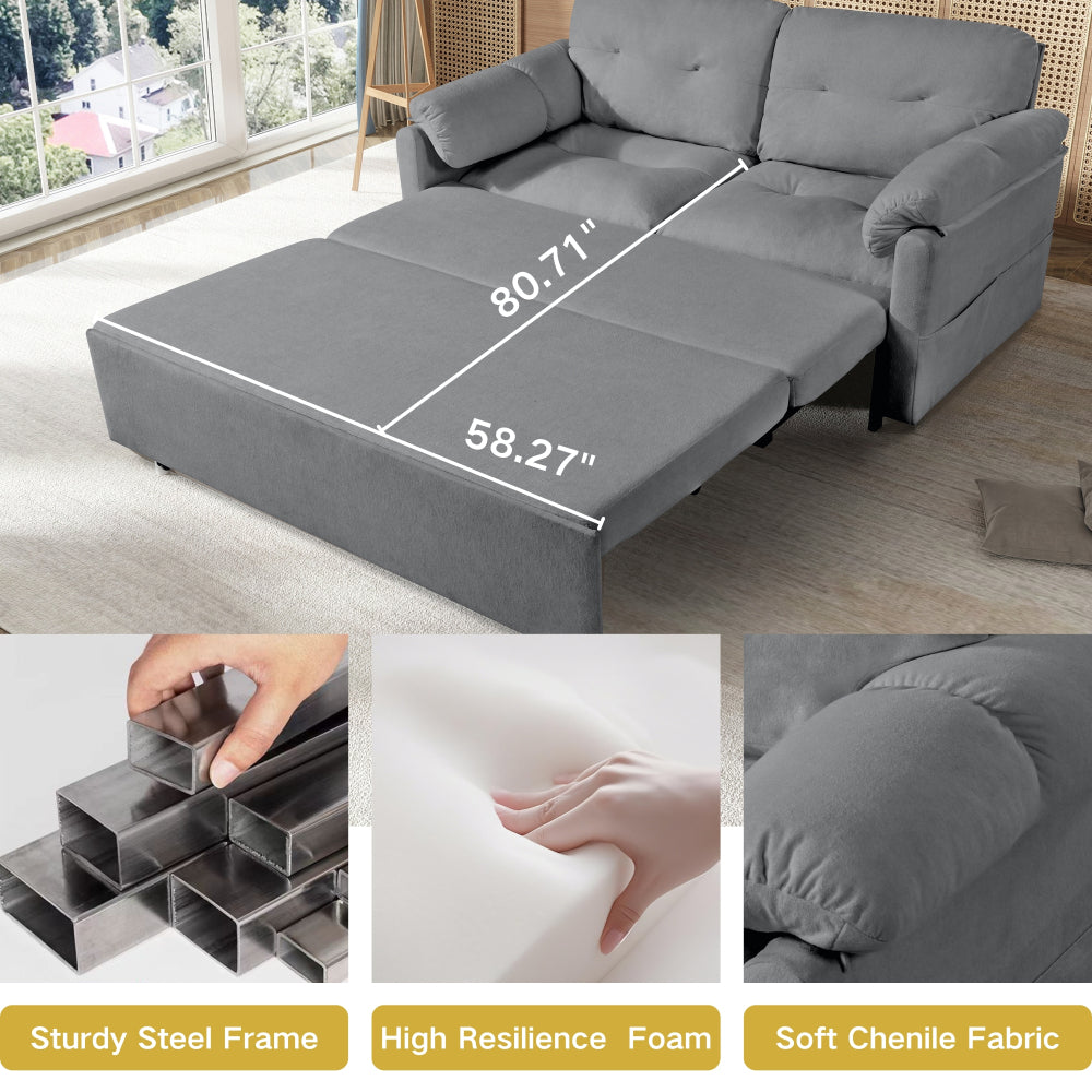 Convertible Pull Out Sofa Bed Queen Size, 3-in-1 Convertible Sleeper Couch with Thicked Cushions and Side Storage,Multi-Functional chenille Loveseat Sofa for Living Room,Bedroom,Apartment,Office,Grey
