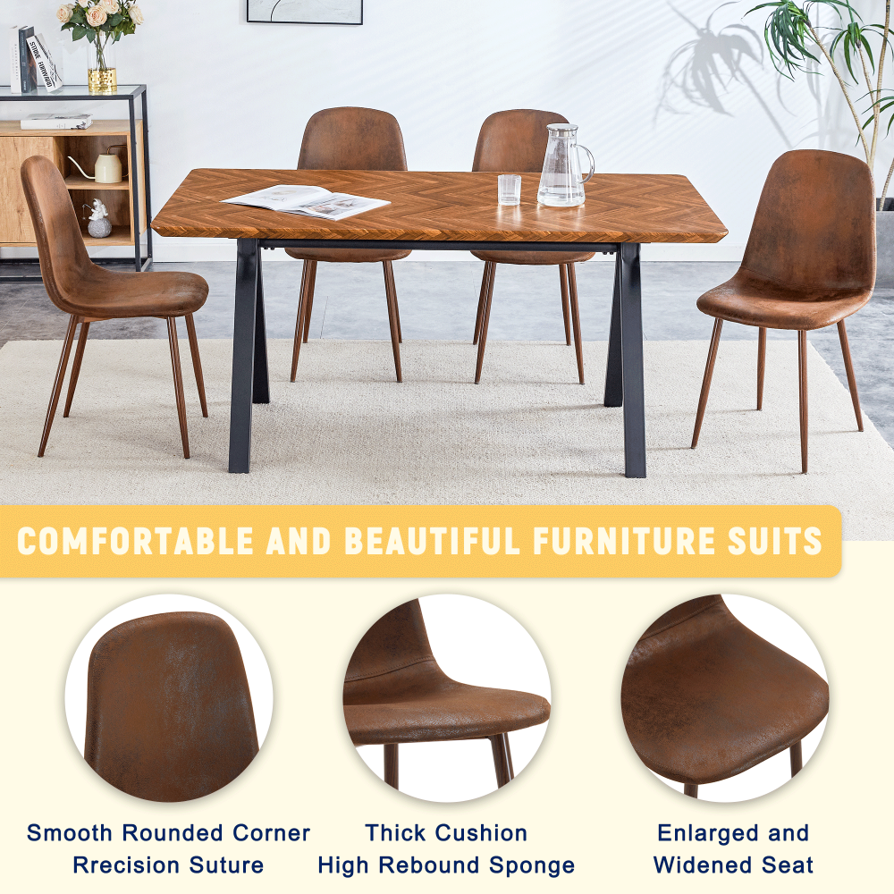 Set of 4 Modern Transferred Walnut Leg Suede Backrest Dining Chair and Herringbone MDF Dining Table Set - A Model of Elegance and Durability for Home Furnishing.