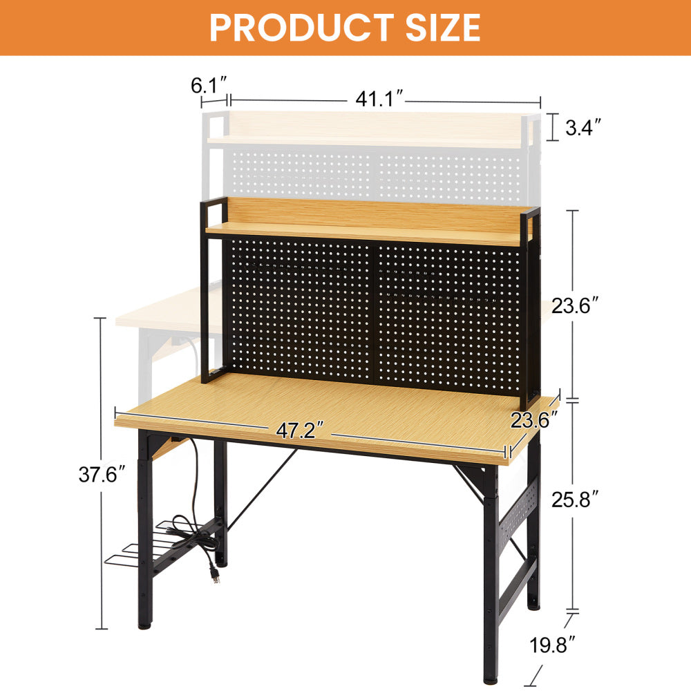 48''Adjustable Workbench with pegboard, Heavy Duty Wooden Desktop Workbench with Wheels, 1600 lb. Load Capacity, Rolling Workbench with AC/USB Outlet, Hooks, Shelf, for Garage, Workshop, Office, Home.