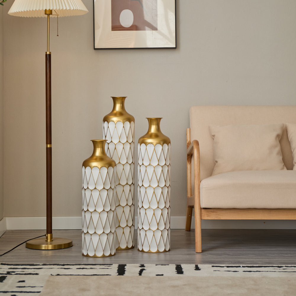 Floor metal vase modern style decoration home droplet shaped white metal vase 3-piece set gorgeous home decoration large glazed metal vase